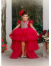 Cap Sleeves Gold Lace Red Tulle High Low Flower Girl Dress